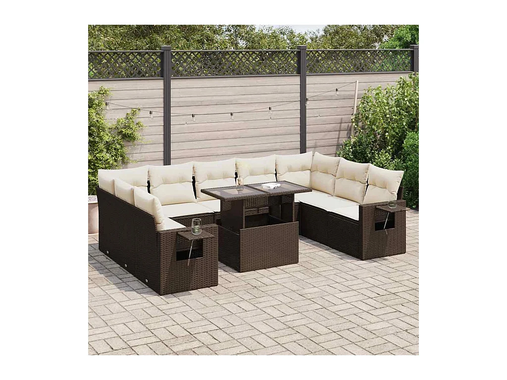 Salon de jardin 10 pièces avec coussins marron résine tressée