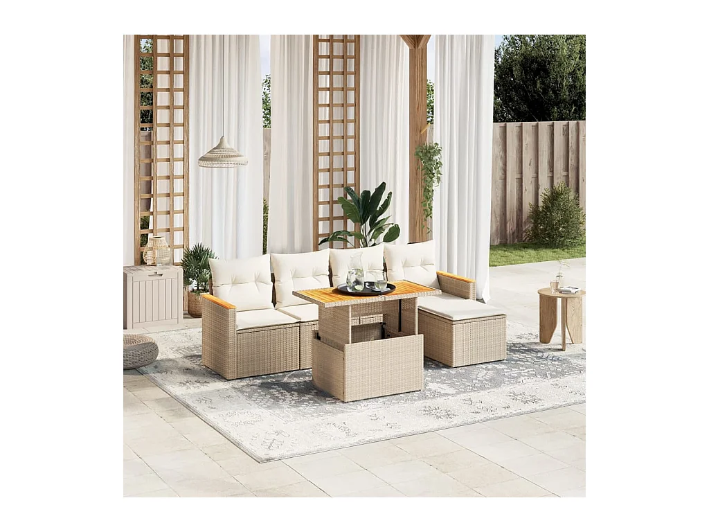 6-delige Loungeset met kussens poly rattan beige