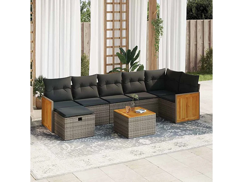 Salon de jardin 8 pièces avec coussins gris résine tressée