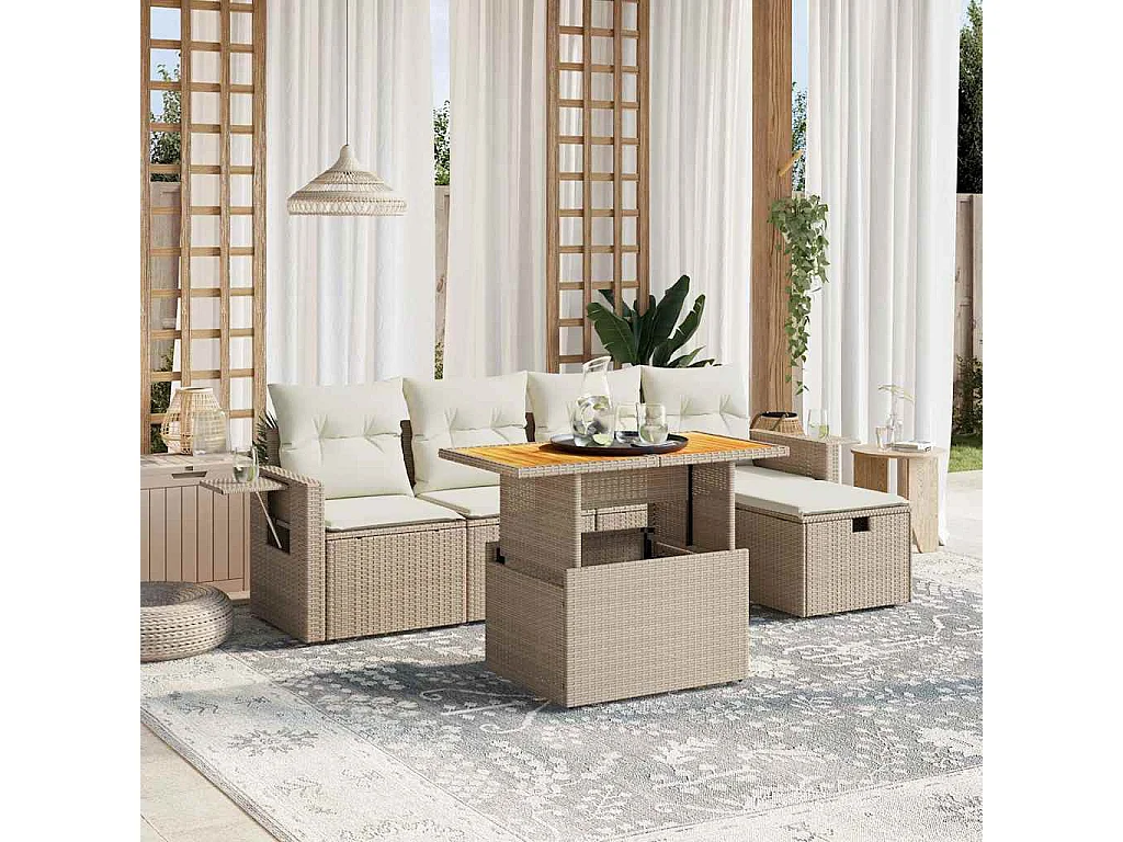 Salon de jardin avec coussins 6 pièces beige résine tressée