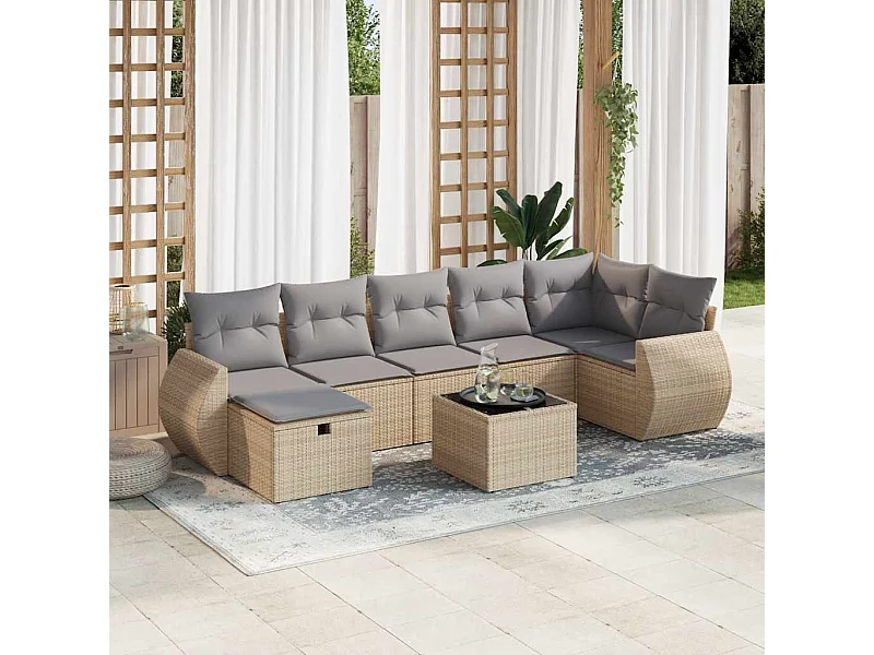 Salon de jardin avec coussins 8 pièces beige résine tressée