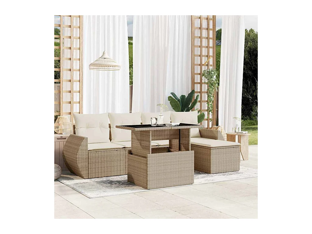 Salon de jardin avec coussins 6 pièces beige résine tressée