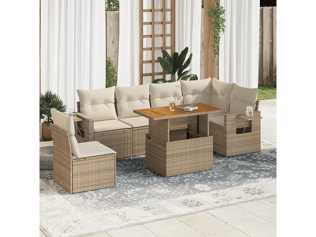 Salon de jardin avec coussins 7 pièces beige résine tressée