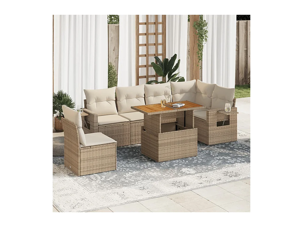 Salon de jardin avec coussins 7 pièces beige résine tressée