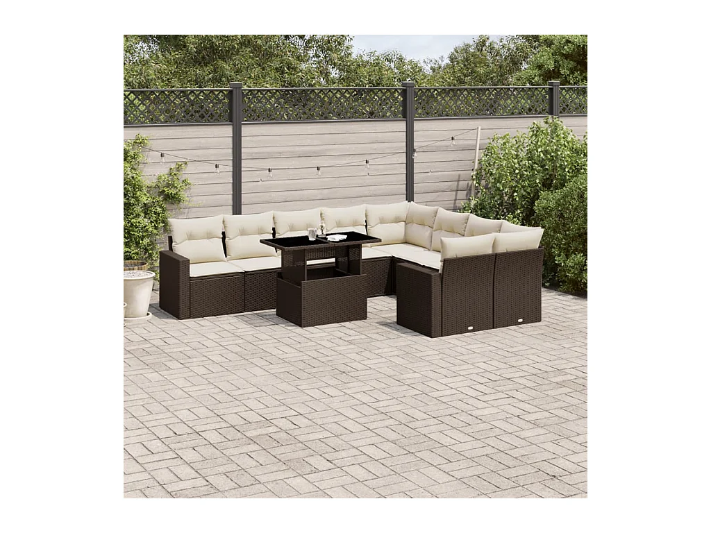 10-delige Loungeset met kussens poly rattan bruin