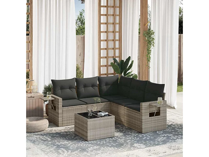 Salon de jardin 6 pièces avec coussins gris clair résine tressée
