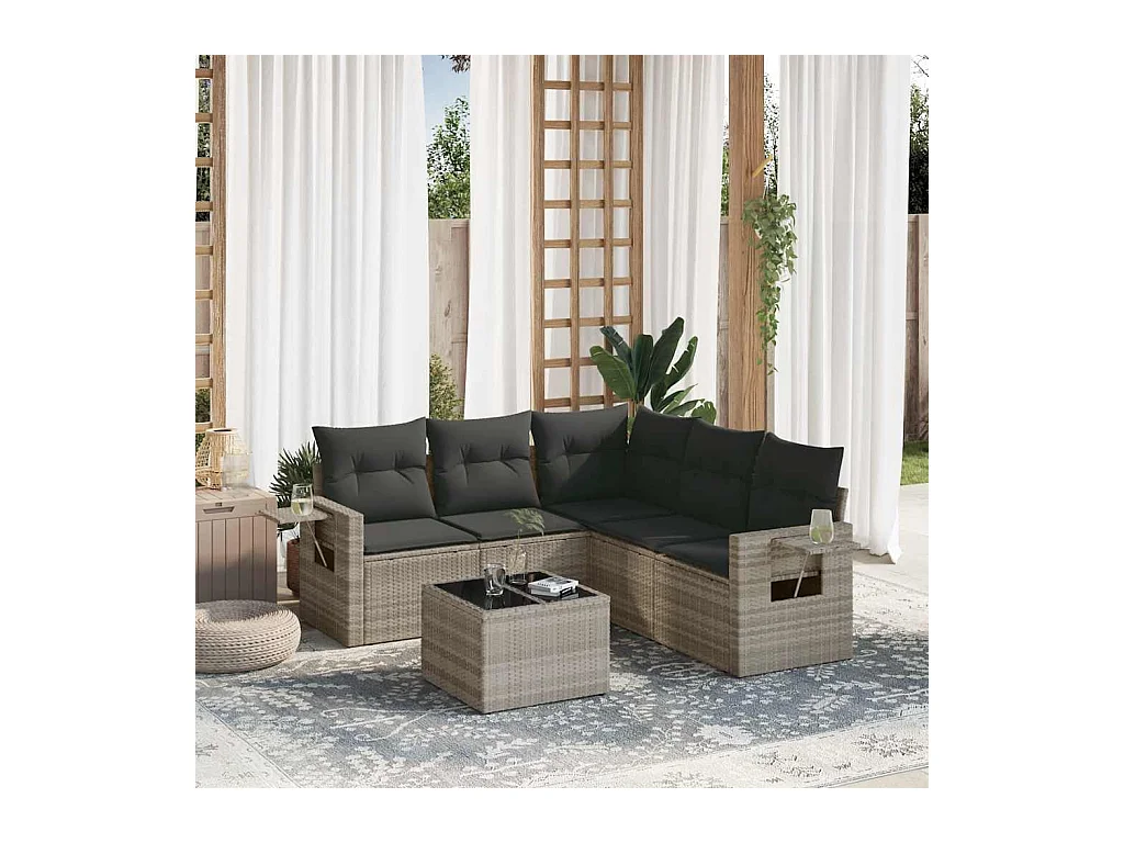 Salon de jardin 6 pièces avec coussins gris clair résine tressée