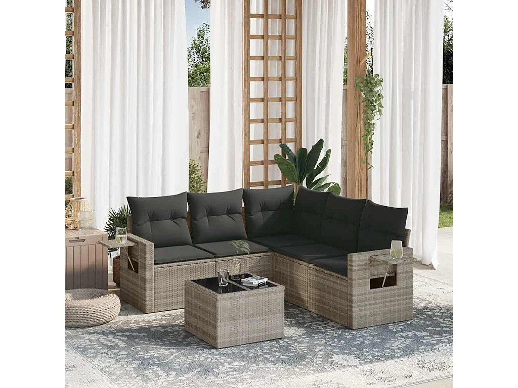 6-delige Loungeset met kussens poly rattan lichtgrijs