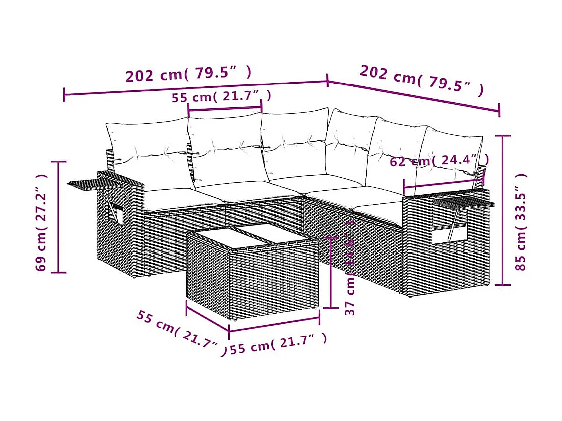 6-delige Loungeset met kussens poly rattan lichtgrijs
