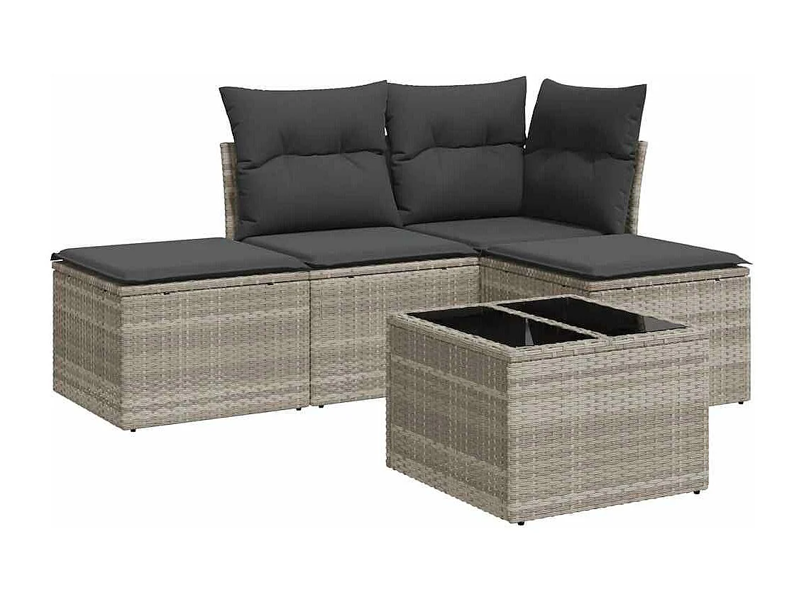 Salon de jardin 5 pièces avec coussins gris clair résine tressée