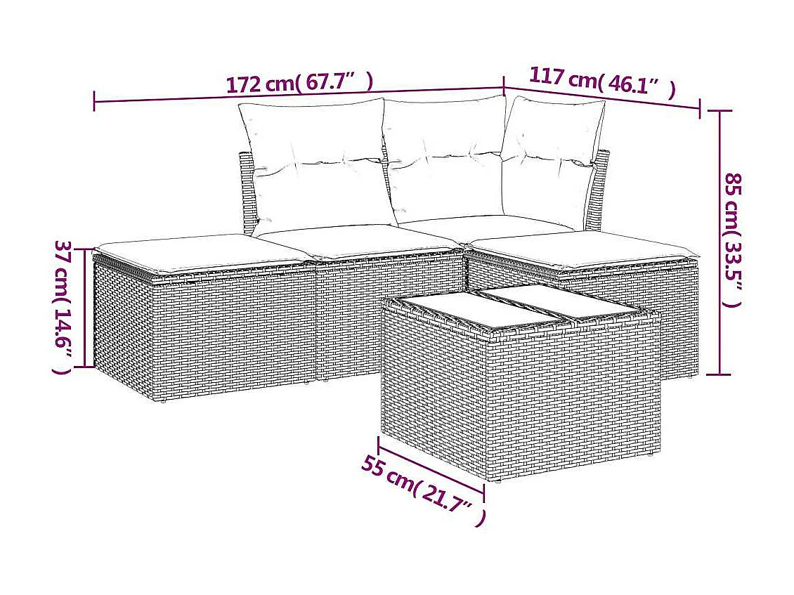 Salon de jardin 5 pièces avec coussins gris clair résine tressée