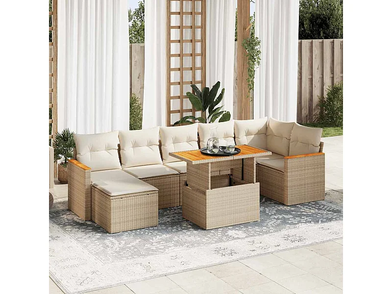 Salon de jardin avec coussins 8 pièces beige résine tressée acacia