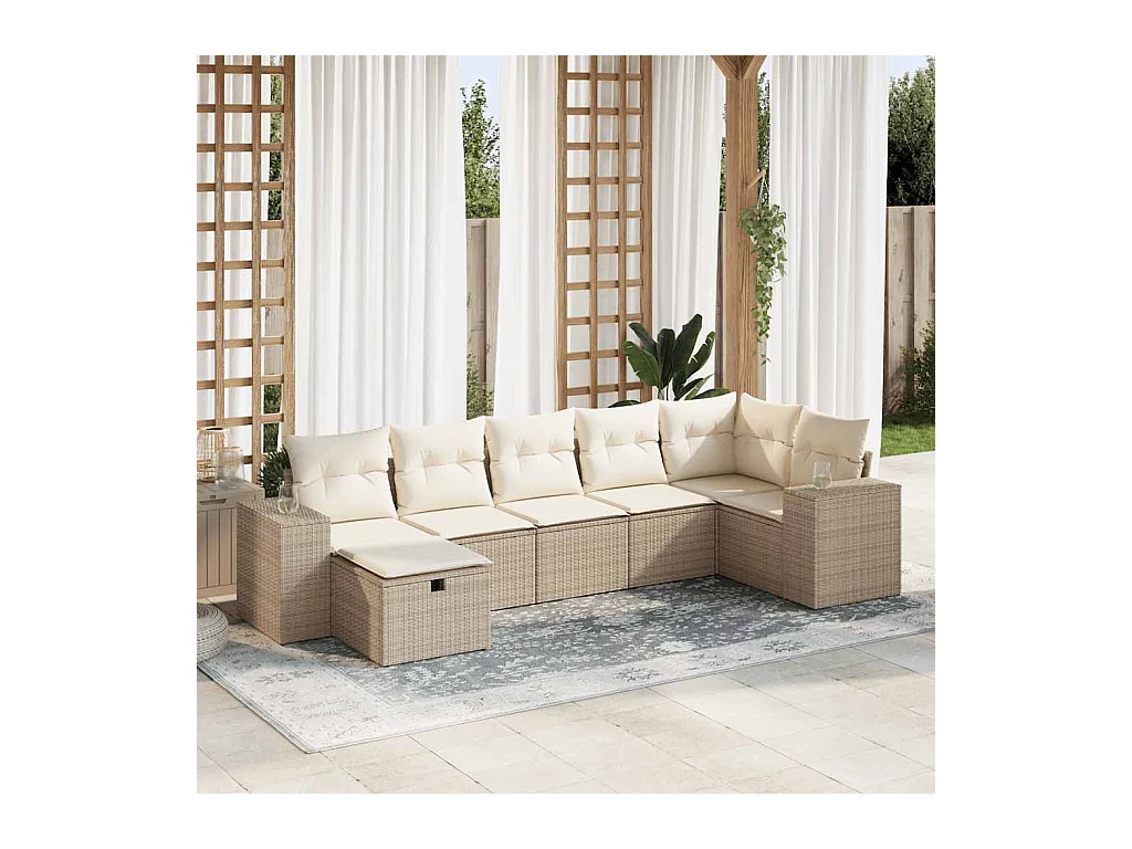 Salon de jardin avec coussins 7 pièces beige résine tressée