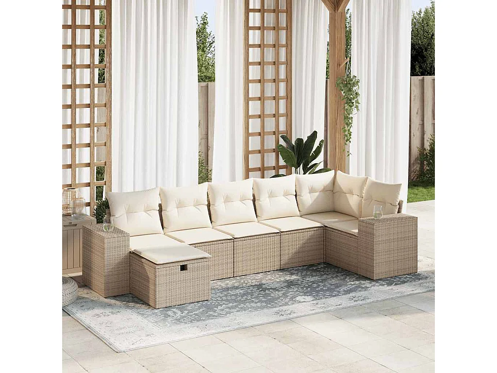 7 peças conjunto de sofás para jardim com almofadões vime PE bege