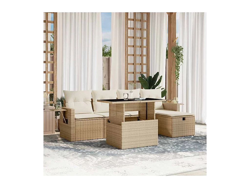 Salon de jardin avec coussins 6 pièces beige résine tressée