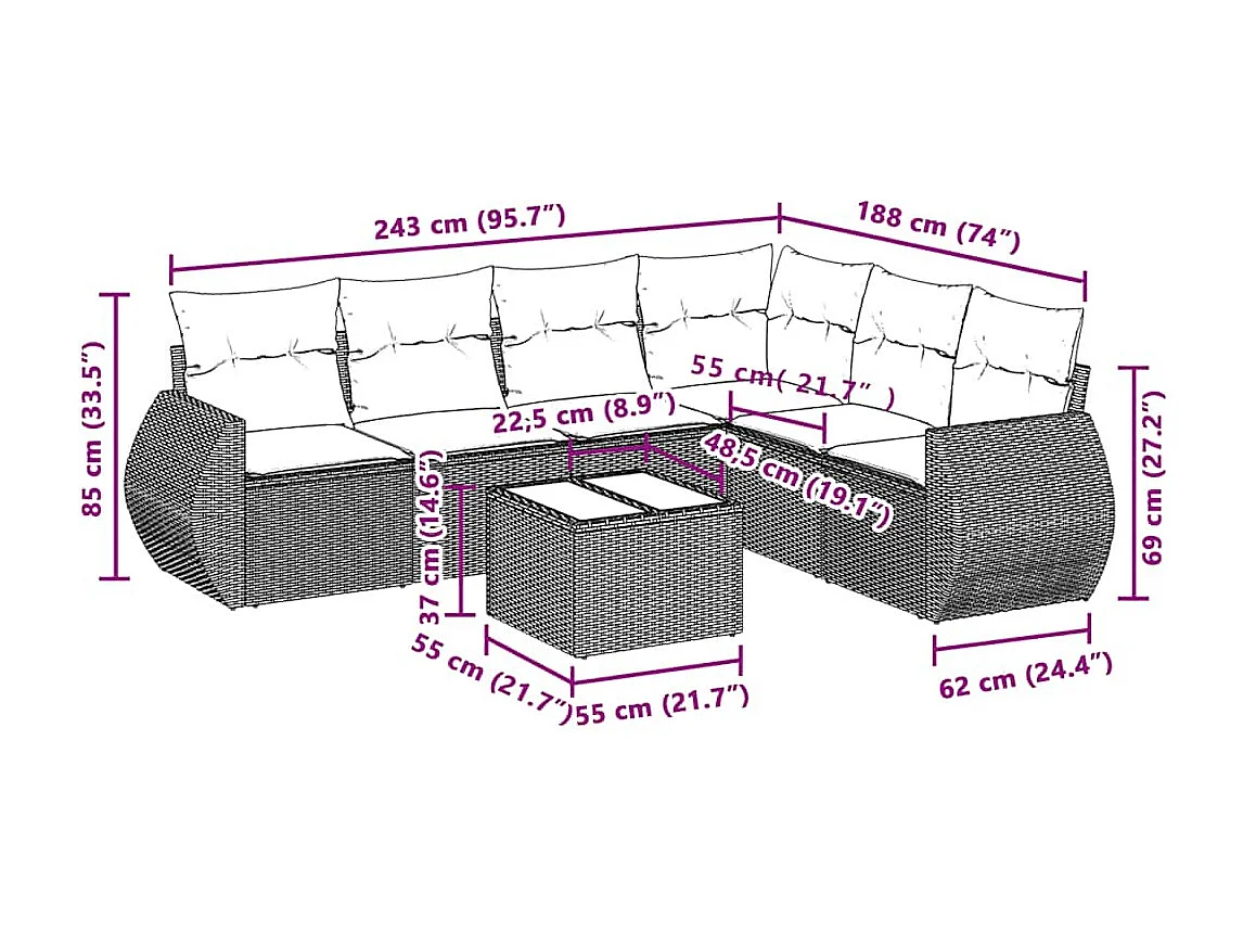 Set de sofás de jardín 7 piezas con cojines ratán PE gris claro