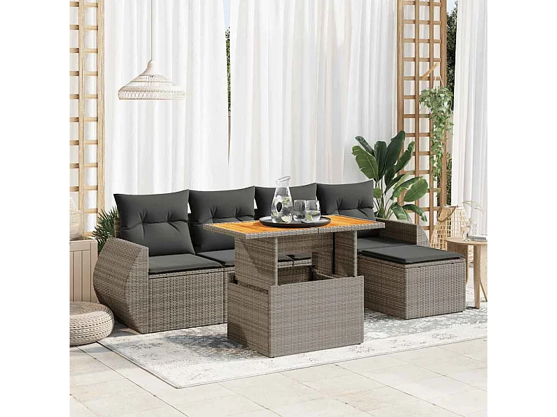 Set de muebles de jardín 6 piezas y cojines ratán sintético gris