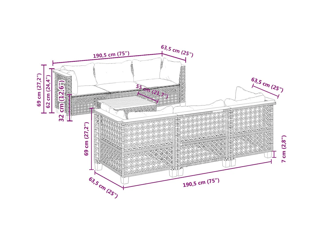 Set de sofás de jardín 7 piezas con cojines ratán sintético gris