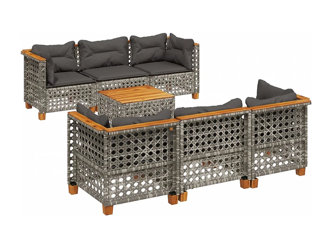 7-delige Loungeset met kussens poly rattan grijs