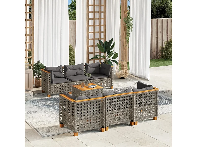 Salon de jardin avec coussins 7 pièces gris résine tressée