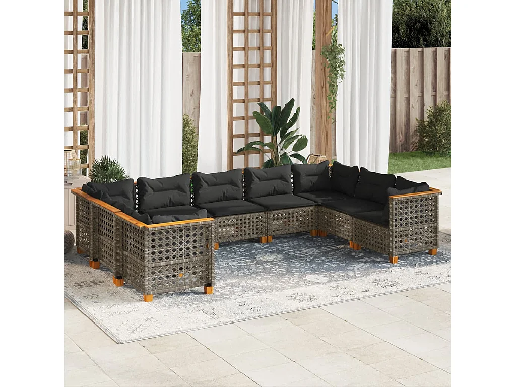 Set de muebles de jardín 9 piezas y cojines ratán sintético gris