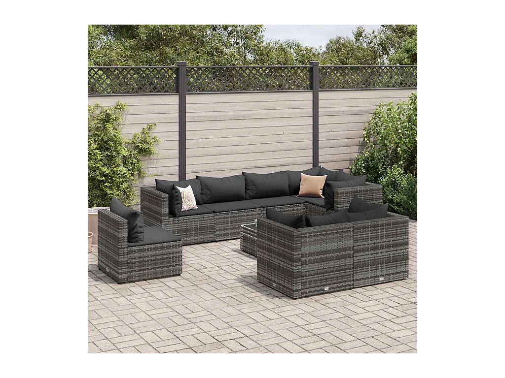Set de muebles de jardín 9 piezas y cojines ratán sintético gris