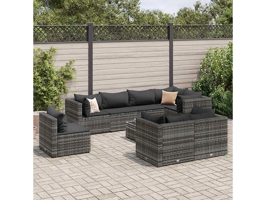 Salon de jardin 9 pièces avec coussins Gris Résine tressée
