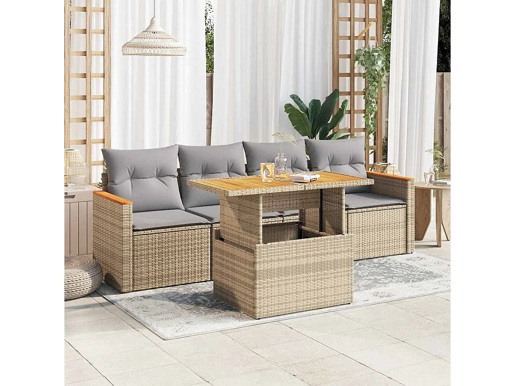 Salon de jardin avec coussins 5 pièces beige résine tressée acacia