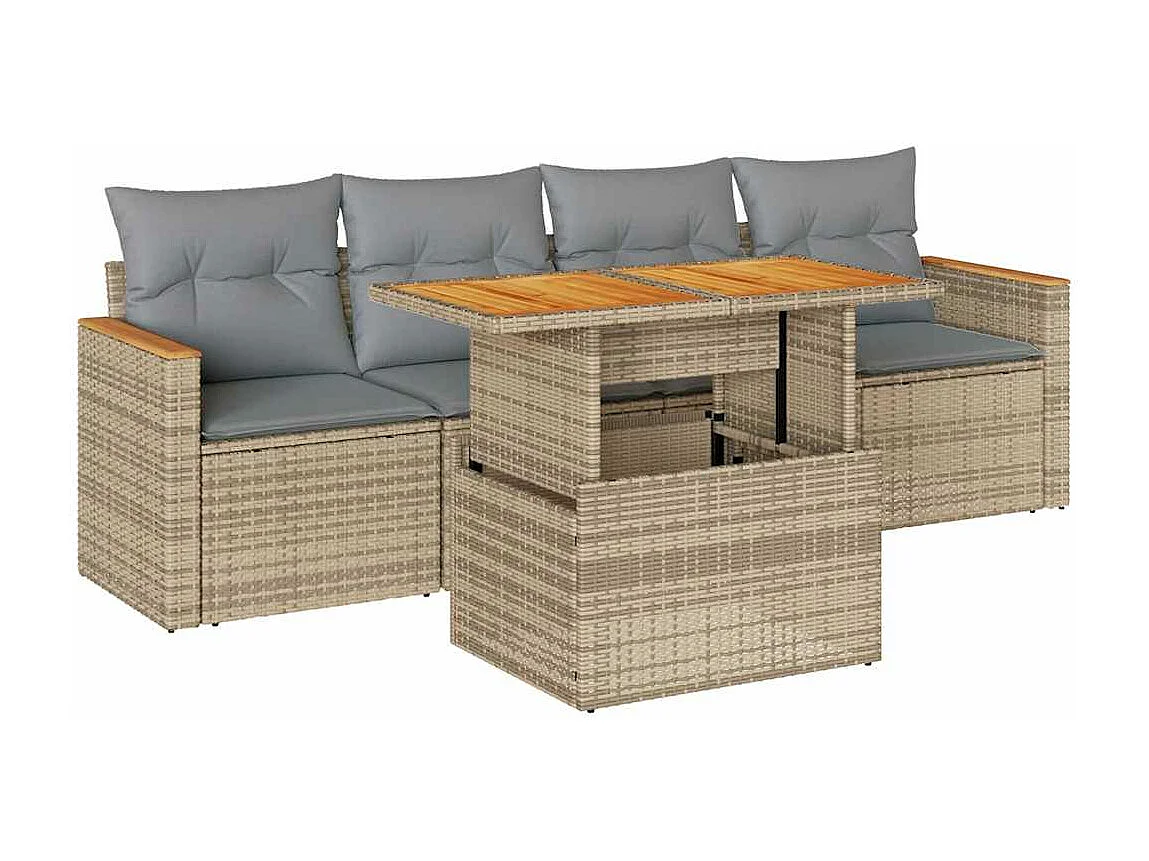 Salon de jardin avec coussins 5 pièces beige résine tressée acacia