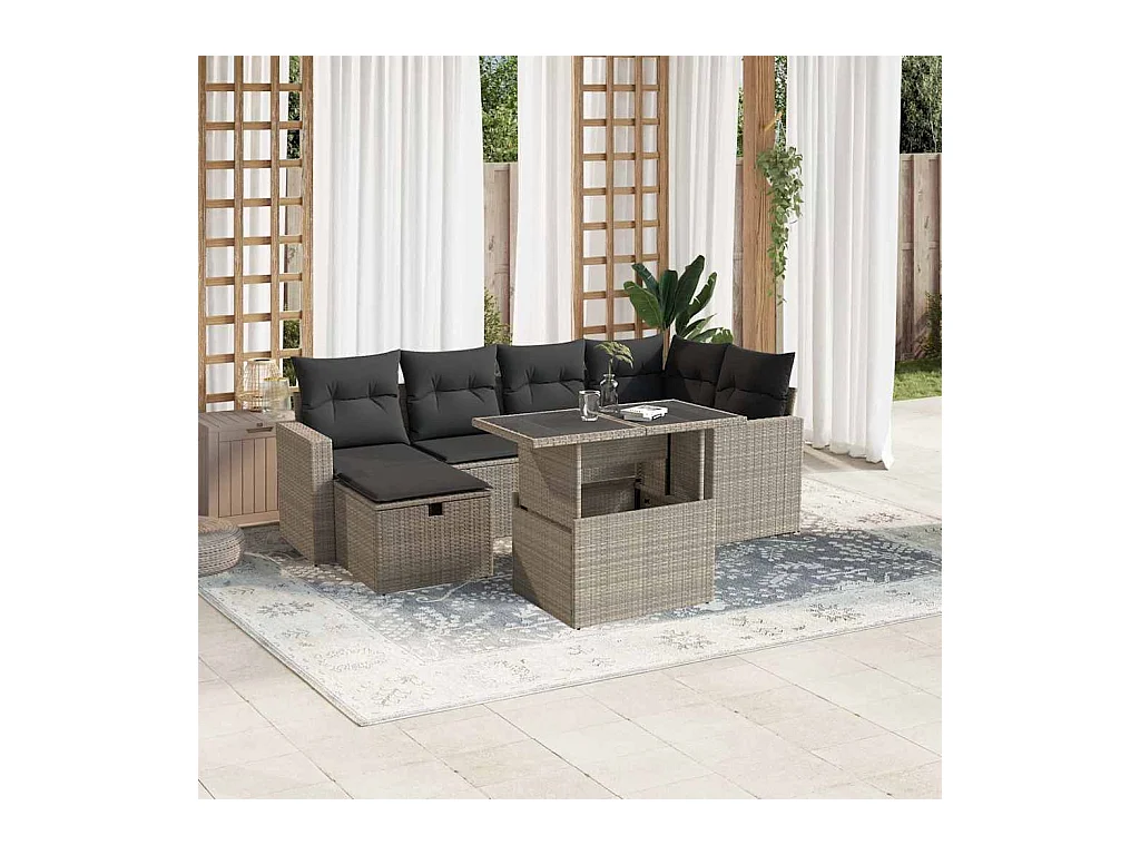 Salon de jardin avec coussins 7 pièces gris clair résine tressée
