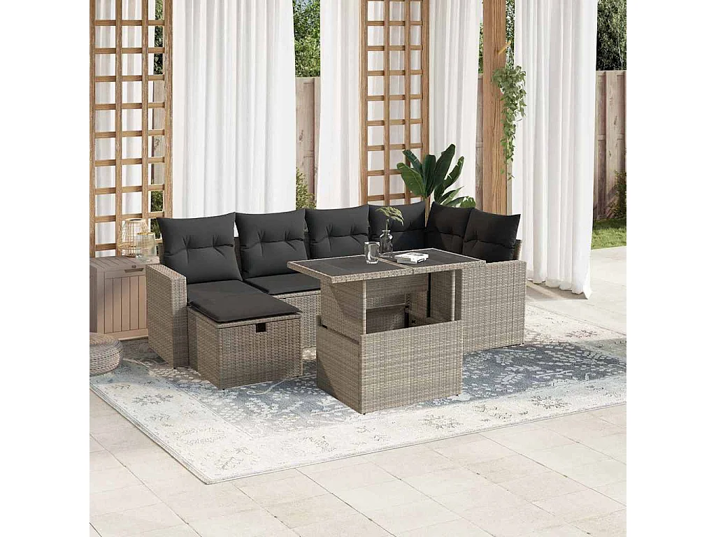 Salon de jardin avec coussins 7 pièces gris clair résine tressée