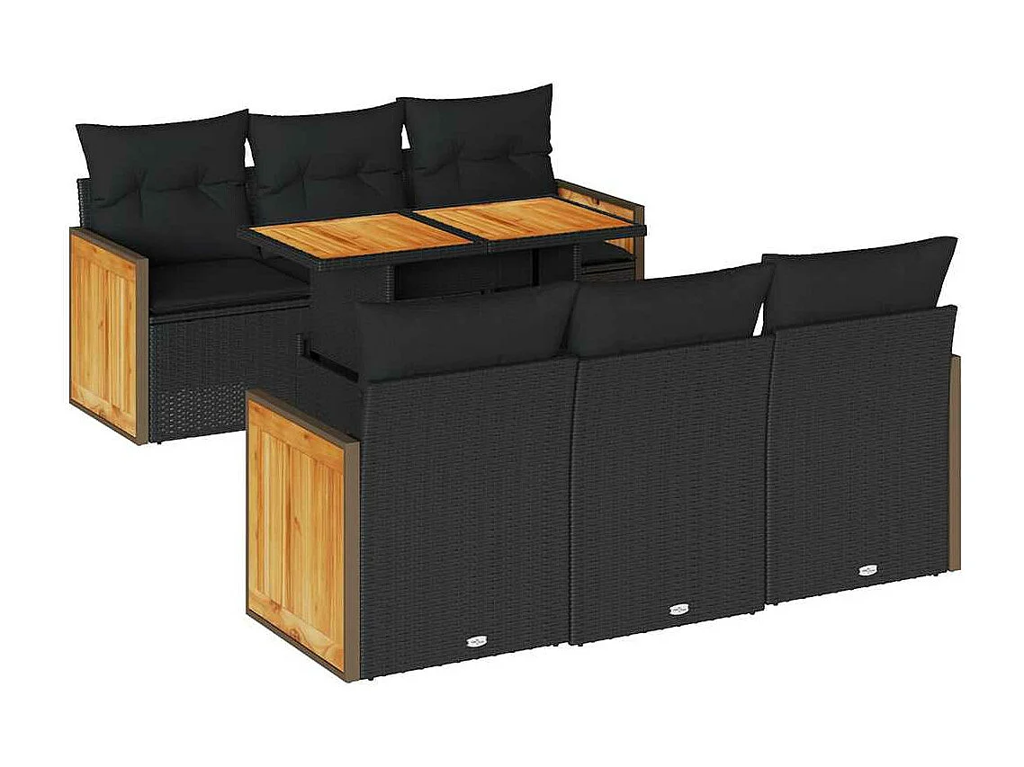 7 peças conjunto sofás jardim com almofadões vime PE/acácia preto