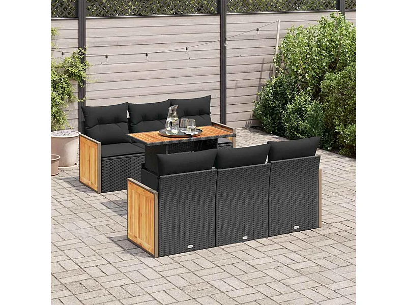 7 peças conjunto sofás jardim com almofadões vime PE/acácia preto