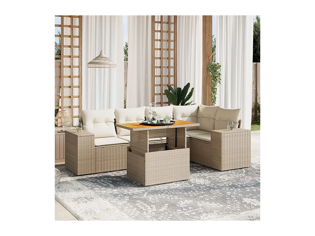 6-delige Loungeset met kussens poly rattan beige