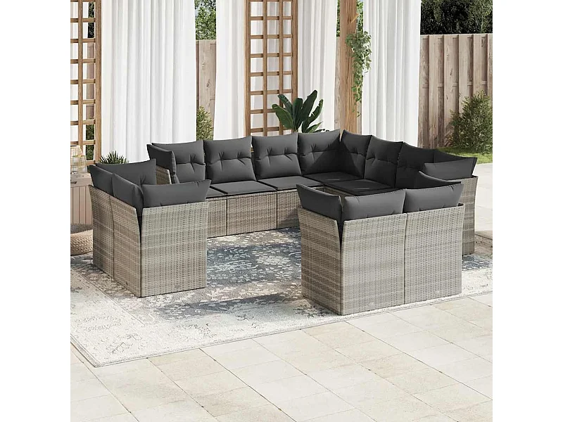 Salon de jardin 11 pièces avec coussins gris clair résine tressée