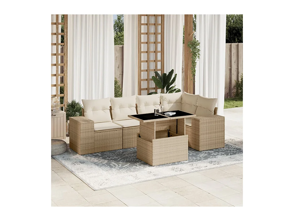 6-delige Loungeset met kussens poly rattan beige
