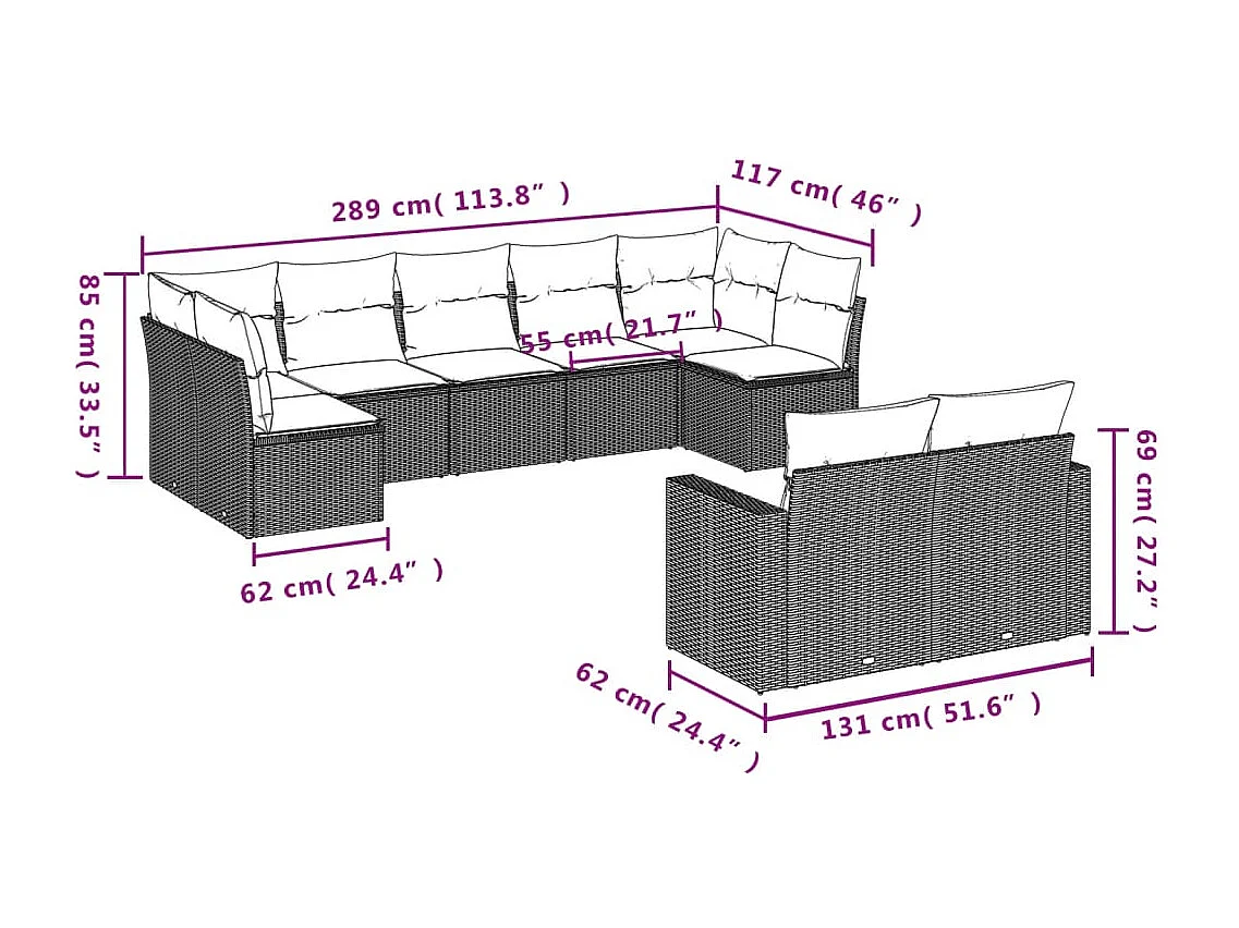 9-delige Loungeset met kussens poly rattan lichtgrijs