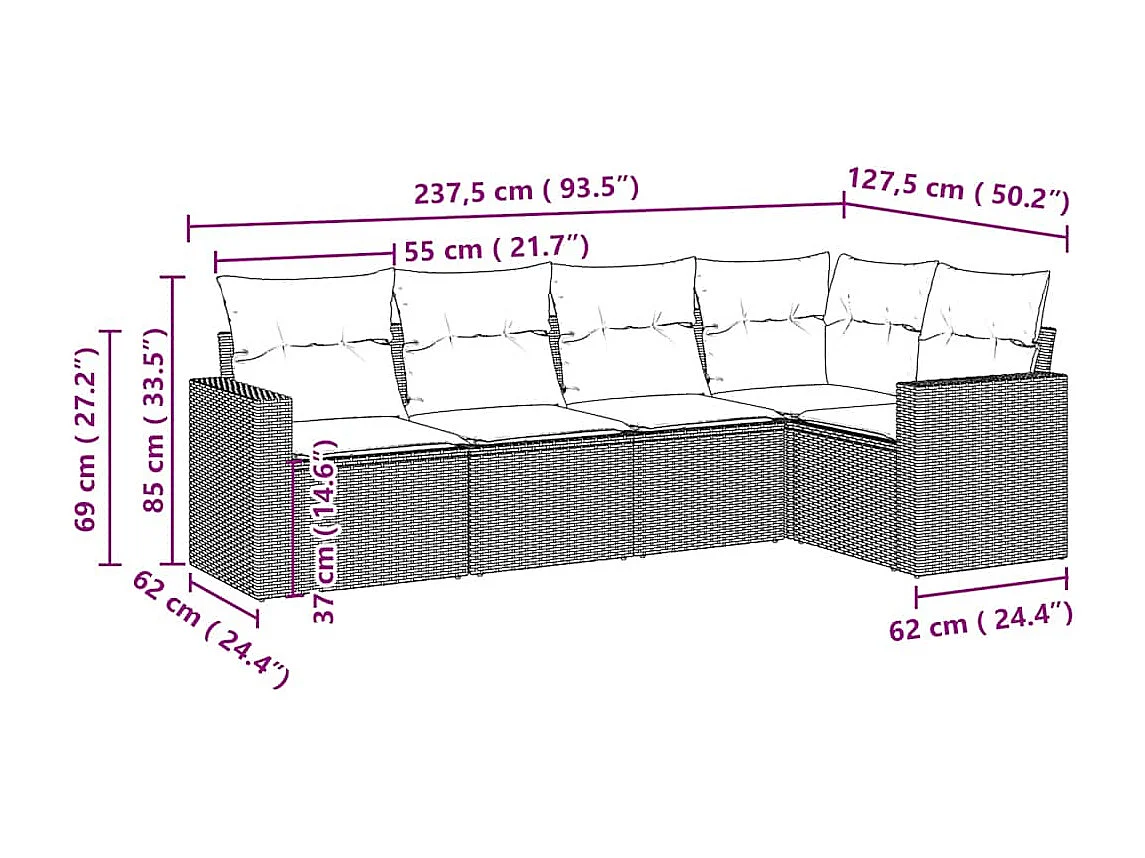 Set de sofás jardín y cojines 5 piezas ratán sintético gris claro