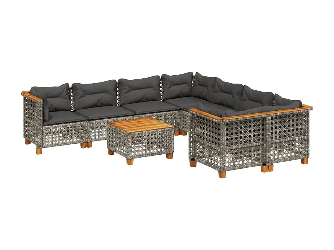 Set de muebles de jardín 9 piezas y cojines ratán sintético gris