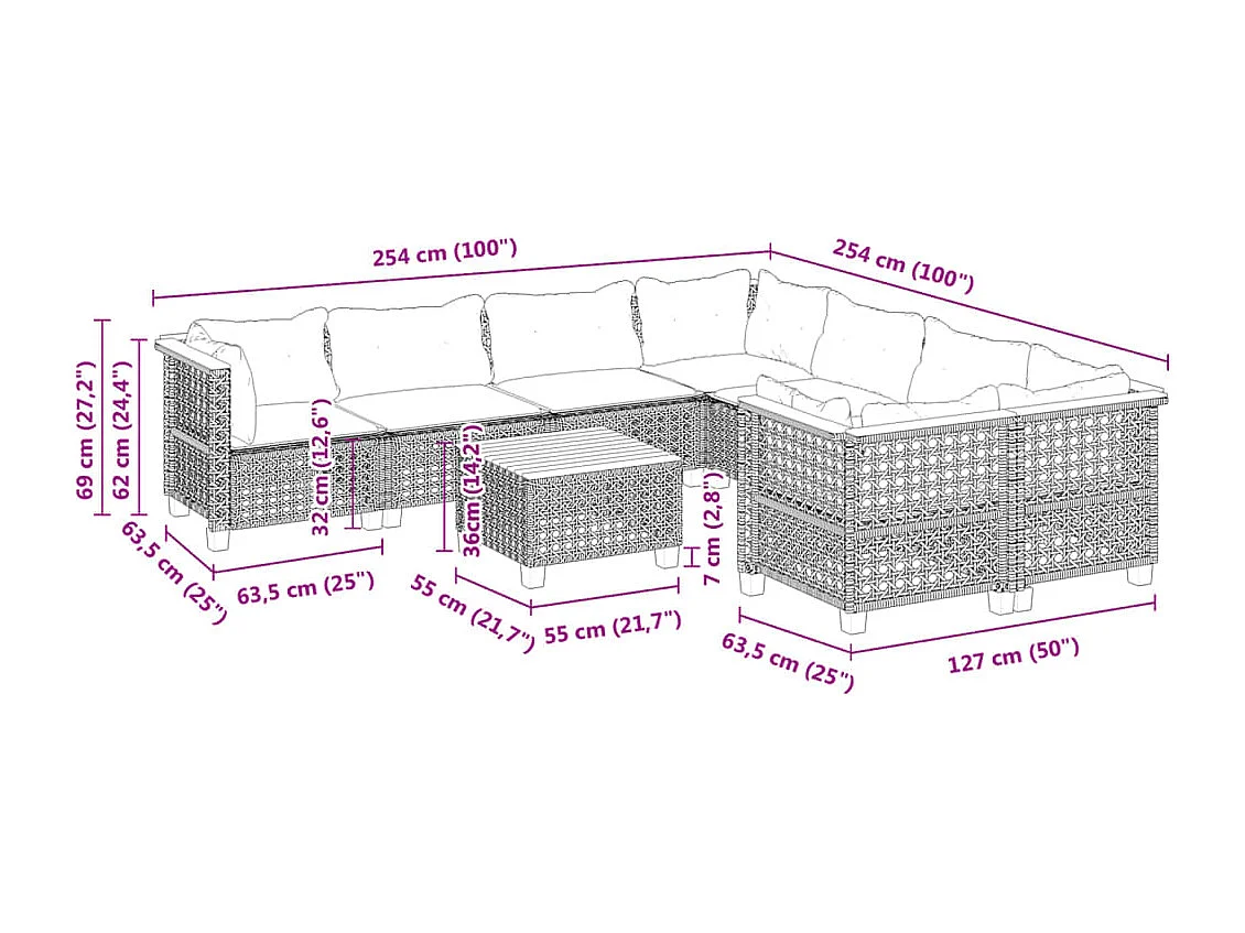Set de muebles de jardín 9 piezas y cojines ratán sintético gris