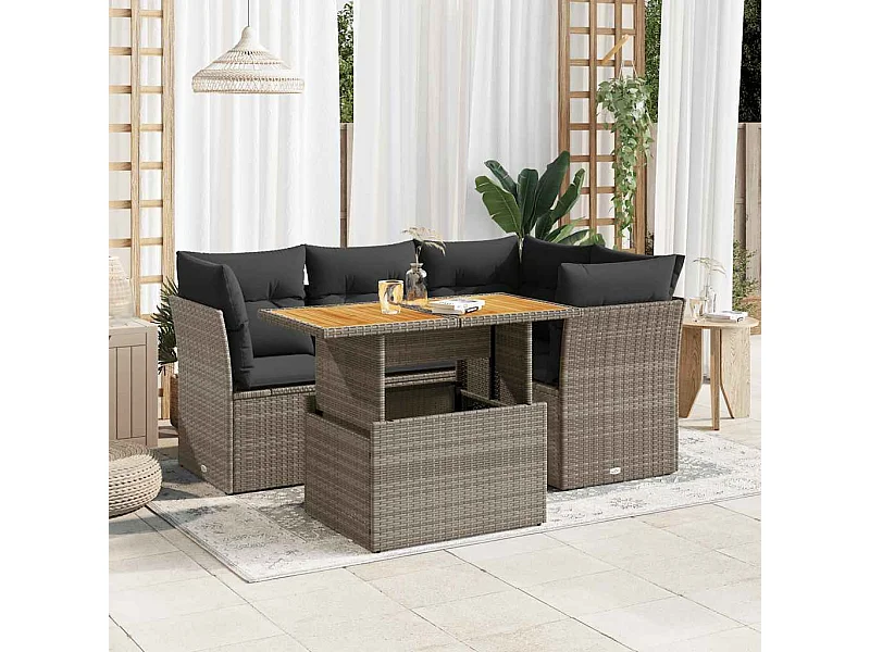5-delige Loungeset met kussens poly rattan grijs