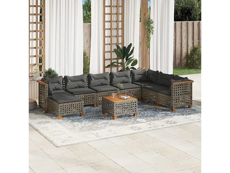 Set de muebles de jardín 9 piezas y cojines ratán sintético gris