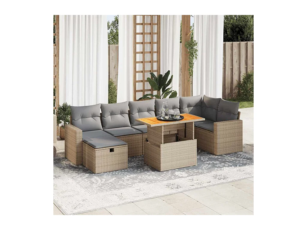 Salon de jardin avec coussins 5 pièces beige résine tressée acacia