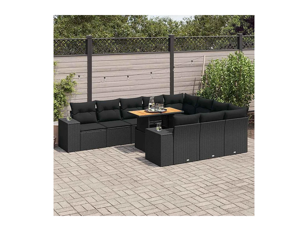 10 peças conjunto sofás jardim com almofadões vime PE/acácia preto