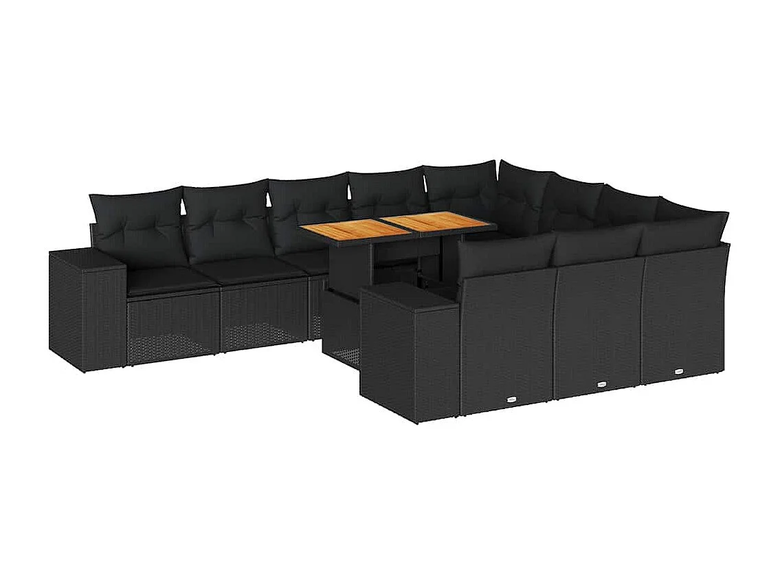 Salon de jardin 10 pièces avec coussins noir résine tressée acacia