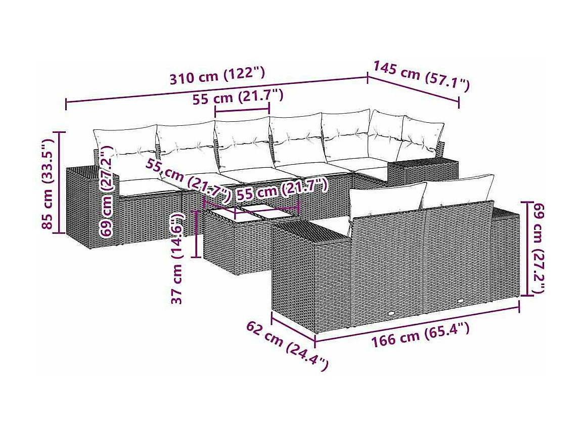Set muebles jardín 9 piezas y cojines ratán sintético gris claro