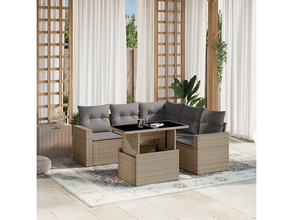 Salon de jardin avec coussins 6 pièces beige résine tressée