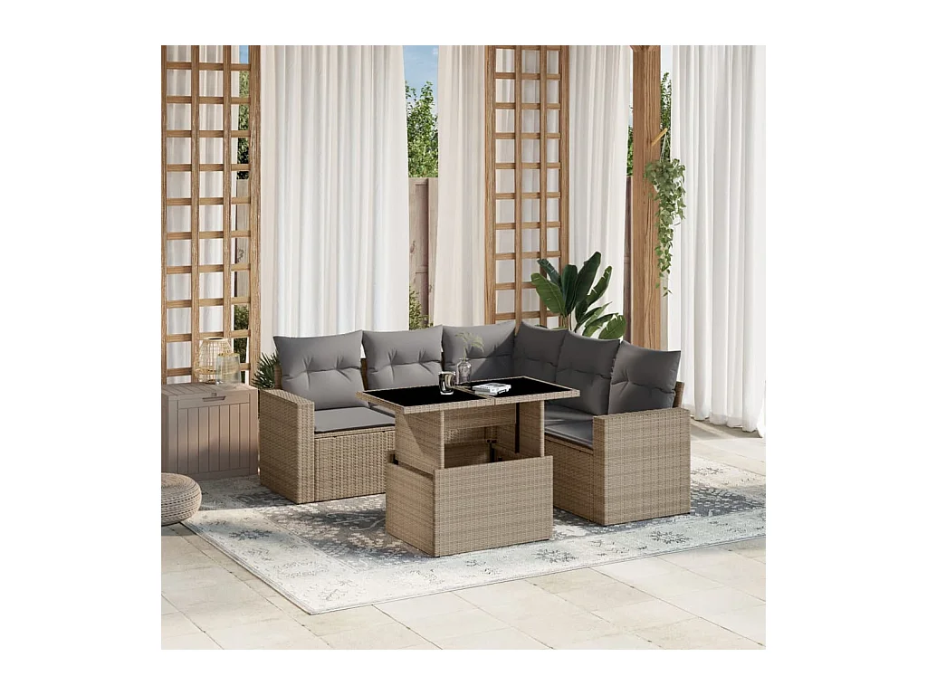 6-delige Loungeset met kussens poly rattan beige