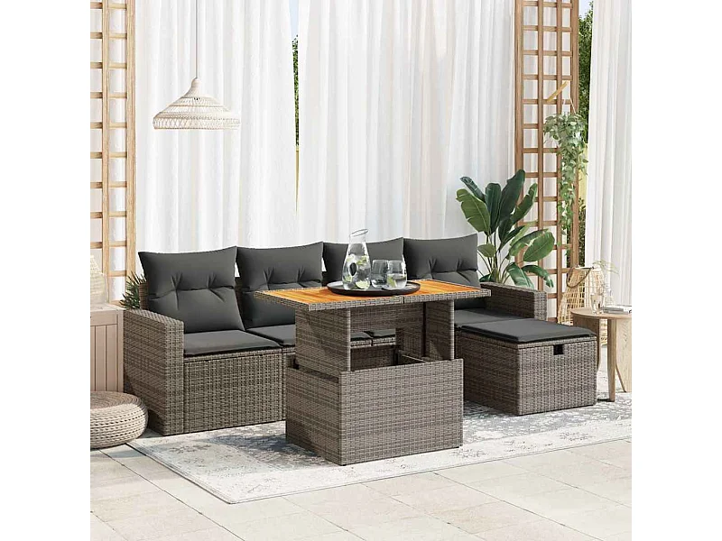 Salon de jardin avec coussins 6 pièces gris résine tressée acacia
