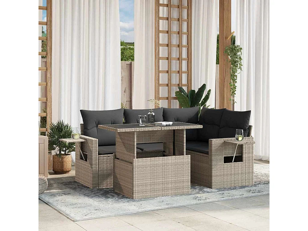 Set de sofás jardín y cojines 5 piezas ratán sintético gris claro